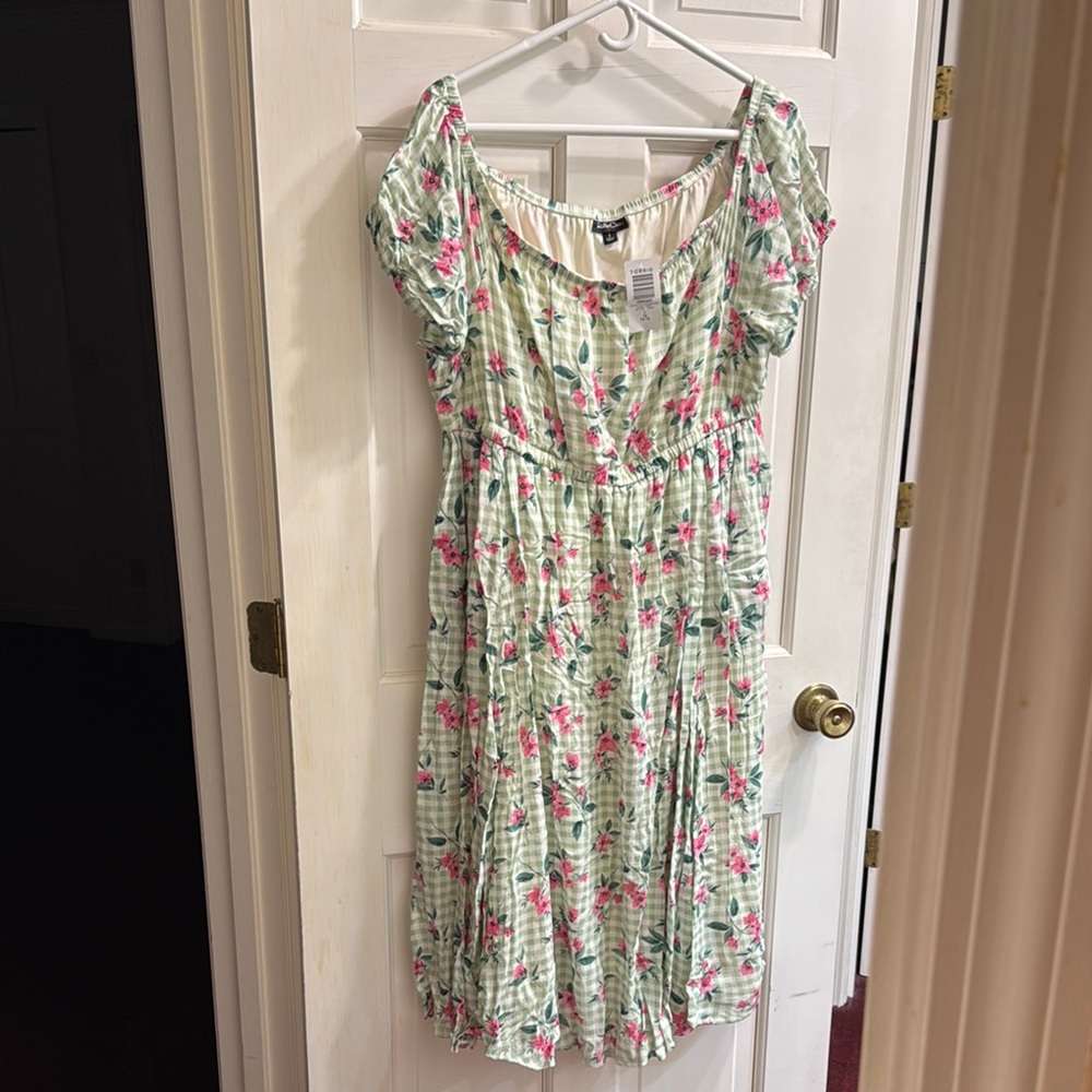 Torrid Mint Green Floral Midi Dress with Pink Accents
